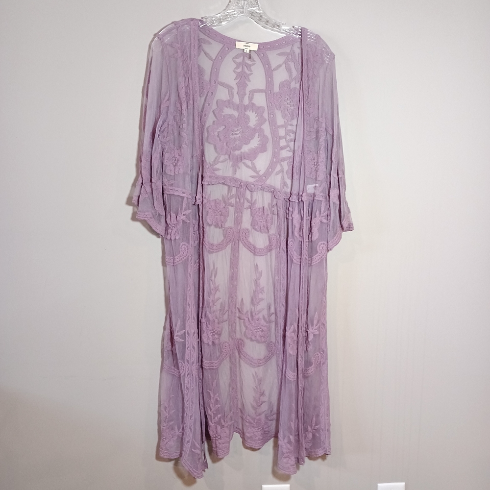Entro Open Crochet Lavender Embroidered Sheer Duster scalloped sleeve kimono S